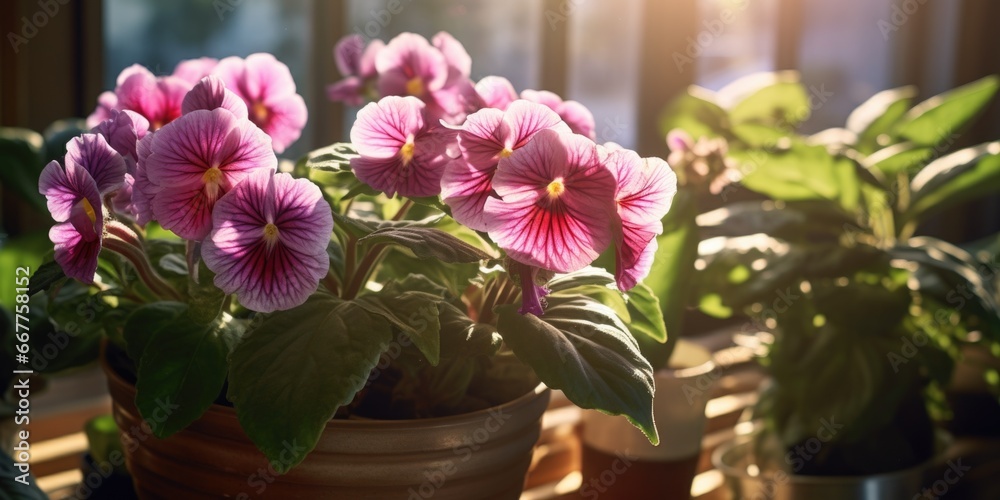 Poster A detailed view of a potted plant sitting on a window sill. This image can be used to depict indoor gardening or to add a touch of nature to interior design projects.