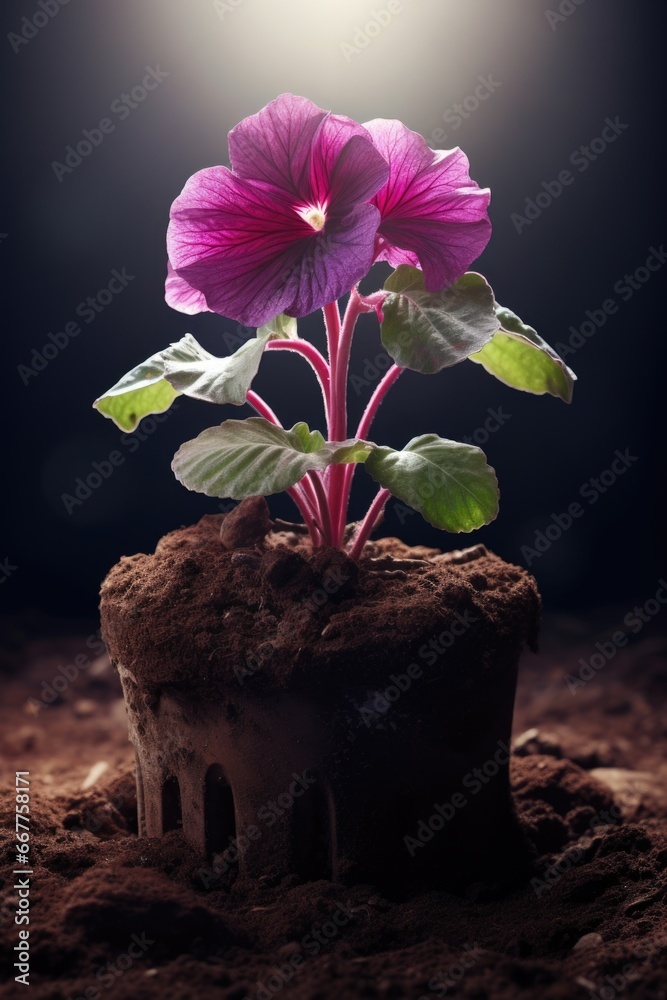 Aufkleber a purple flower is shown as it grows out of the ground. this image can be used to represent growth, 