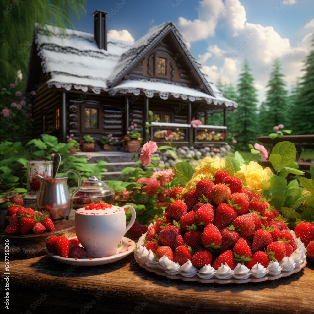 Poster a table filled with an abundance of fresh strawberries, accompanied by a cup of steaming coffee.