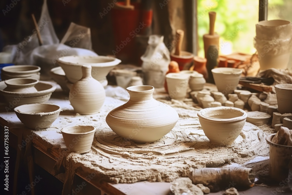 Poster A collection of different types of pottery displayed on a table. Perfect for interior design projects or showcasing artistic craftsmanship.