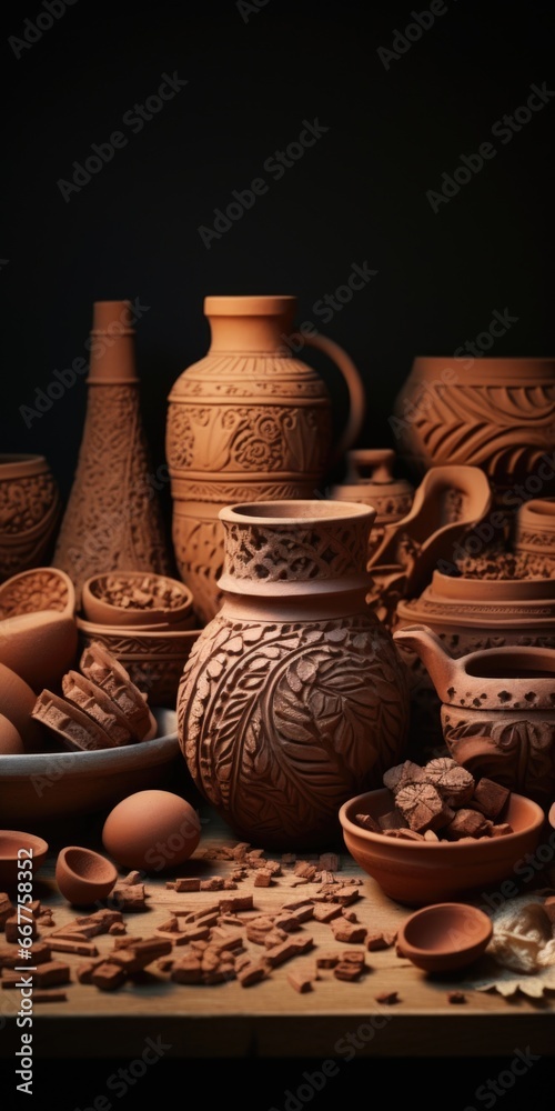 Poster a collection of pottery arranged neatly on top of a table. perfect for home decor or showcasing hand