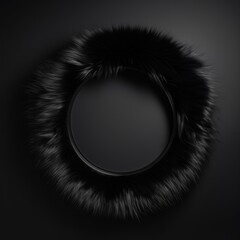 Black Fur Minimalistic Round Picture Frame. Minimalistic Ring with Realistic Texture. Square Digital Illustration. Ai Generated Empty Circle on Black Background.