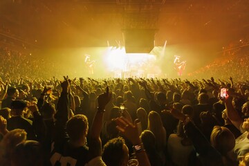 Fototapeta na wymiar Big people crowd cheering and dancing in huge concert