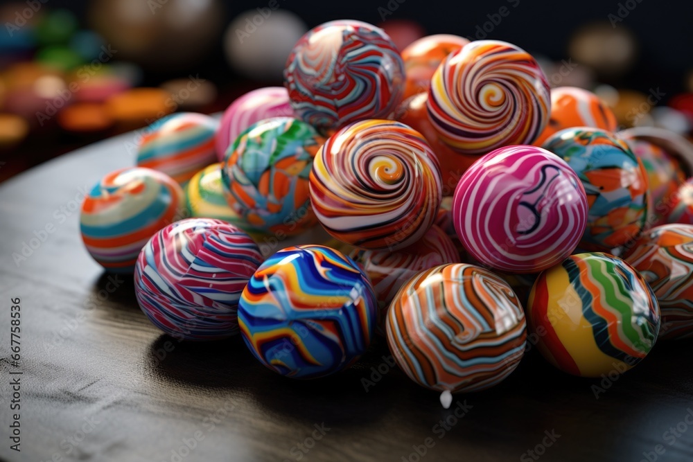 Aufkleber a pile of colorful marbles sitting on top of a table. suitable for various projects and designs.