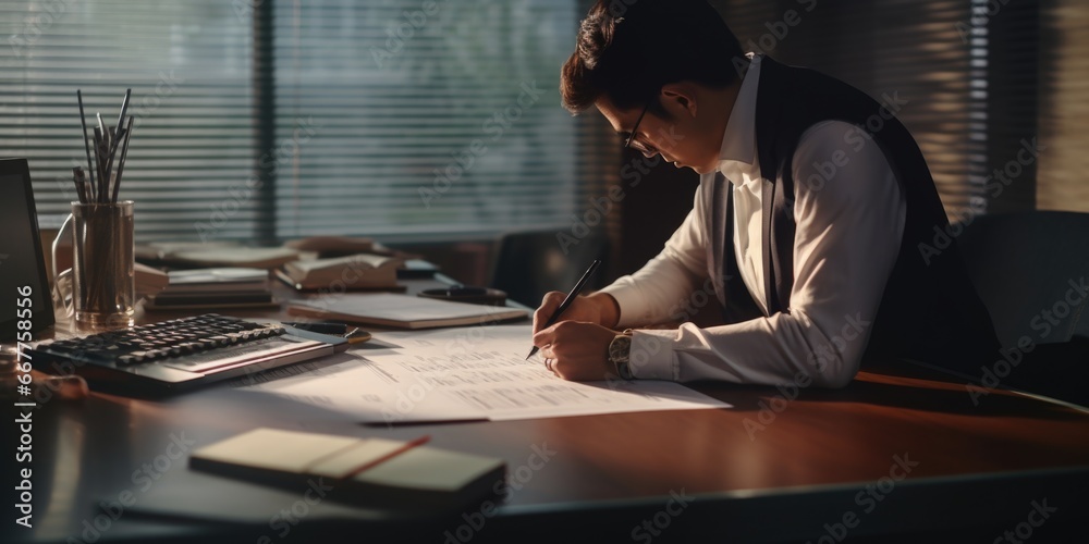 Poster a man sitting at a desk, focused on writing on a piece of paper. this image can be used to represent