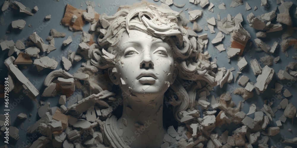 Poster a statue of a woman standing amidst a pile of rubble. this image can be used to represent resilience