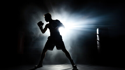 boxer in a fighting position, a muscular silhouette against the light lit by a bright white light in a smoke screen, lens flare and black background, creative combat sport banner - obrazy, fototapety, plakaty
