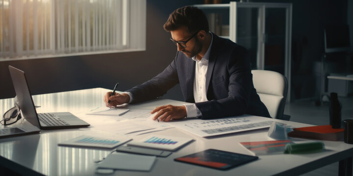 A Man Is Sitting At A Desk, Working On A Laptop And Surrounded By Papers. 