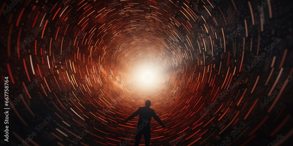 Poster A person standing in a tunnel with a light shining at the end. This image can be used to represent hope, determination, or the journey towards a goal.
