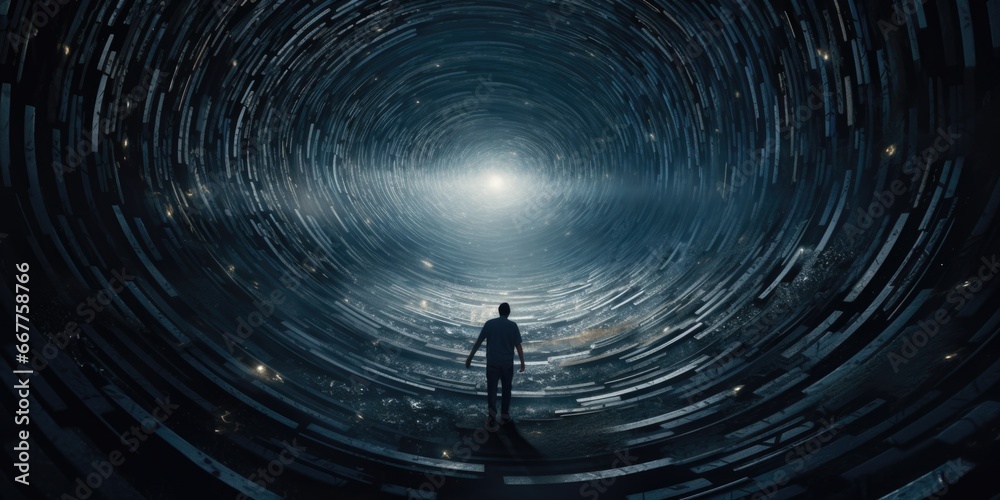 Poster A man is standing in a dark tunnel with a light shining at the end. This image can be used to symbolize hope, perseverance, and overcoming challenges.
