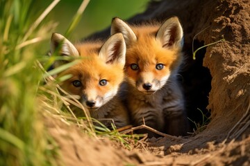 Fototapeta premium Two red fox, cubs looking around near den on a sunny day in summer. Generative AI