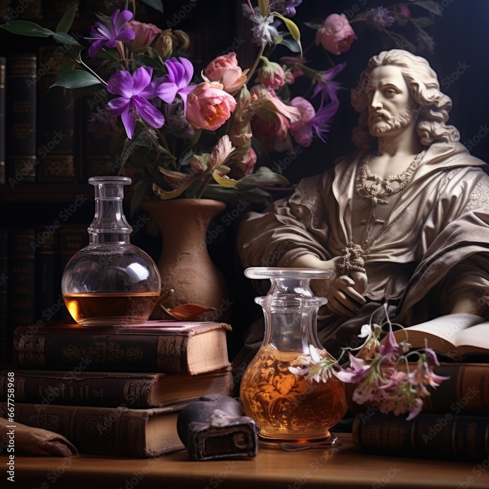 Aufkleber A statue is seen sitting on top of a table, surrounded by a vase of beautiful flowers. This image can be used to add elegance and sophistication to various projects.