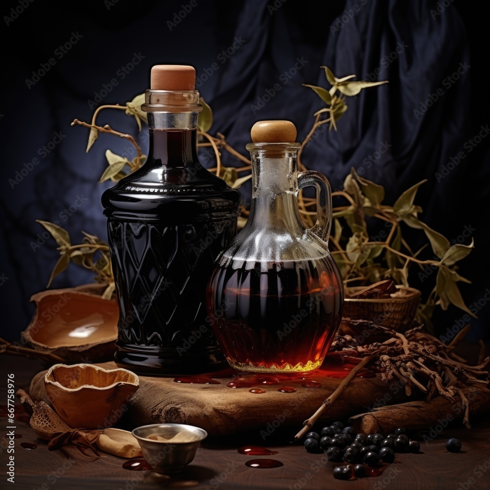 Poster a table with a bottle of syrup and a bowl of fresh berries. perfect for food and beverage-related de
