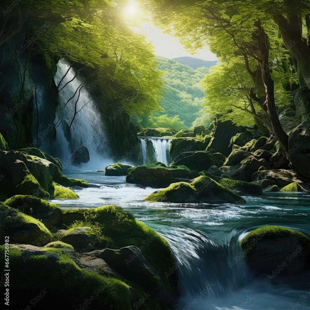 Poster a picture of a stream running through a lush green forest. perfect for nature-themed designs and pro