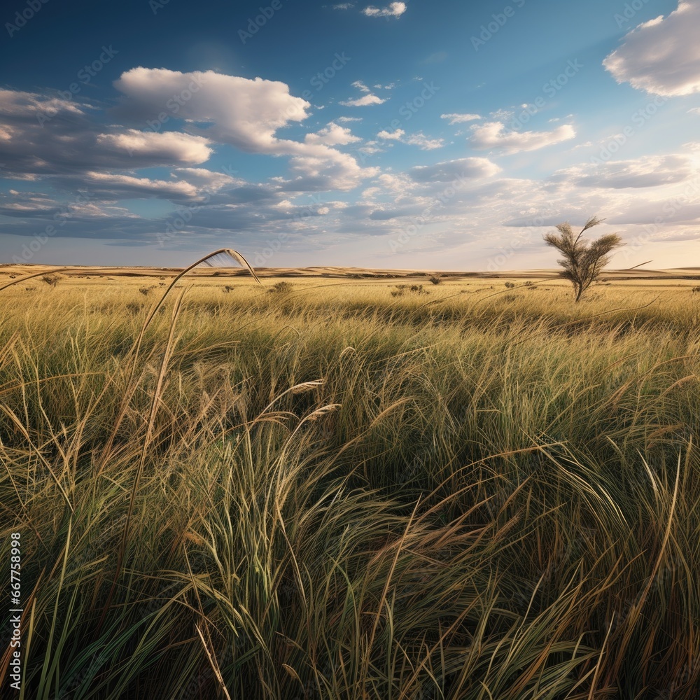 Poster a picture of a field of tall grass under a cloudy sky. this image can be used to depict nature, land