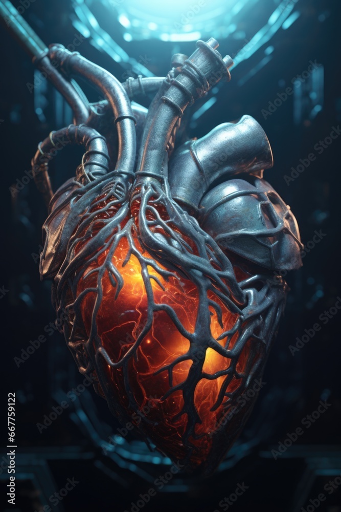 Poster A close-up image of a heart with multiple wires attached to it. This picture can be used to represent medical procedures, heart surgery, or the concept of a wired heart.