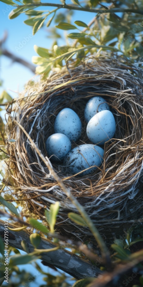 Poster a bird nest with four eggs nestled inside. perfect for nature-themed projects or educational materia