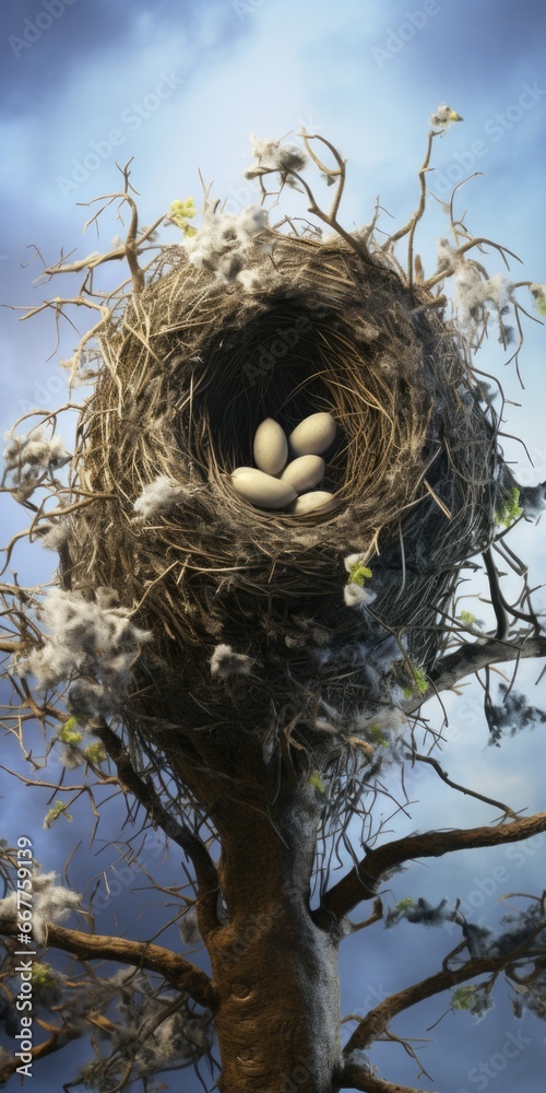 Aufkleber A picture of a bird nest perched on a tree with two eggs inside. This image can be used to depict new beginnings, nature, or the beauty of wildlife.