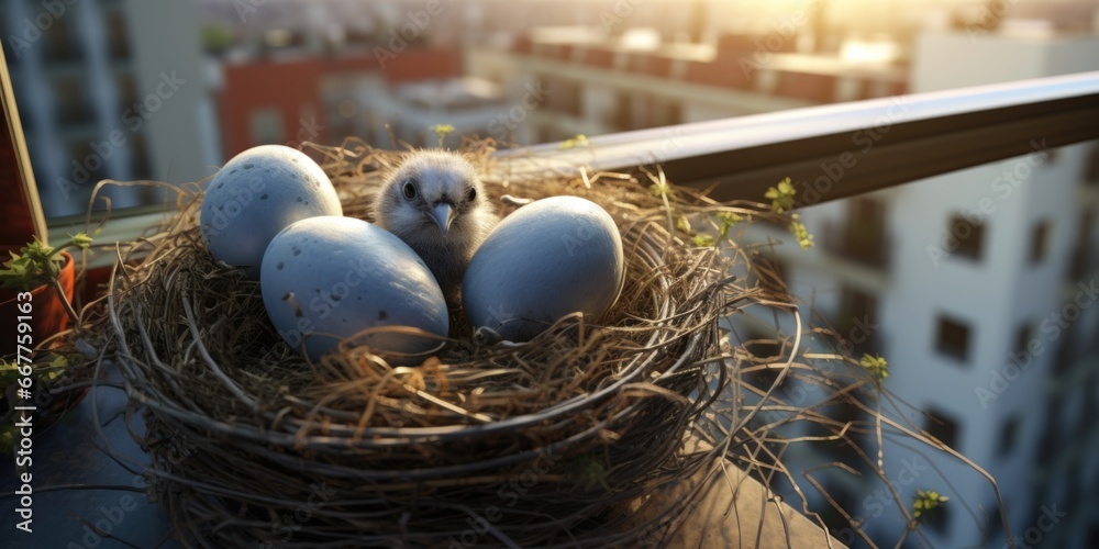 Wall mural A bird nest with four eggs. Perfect for nature and wildlife enthusiasts.