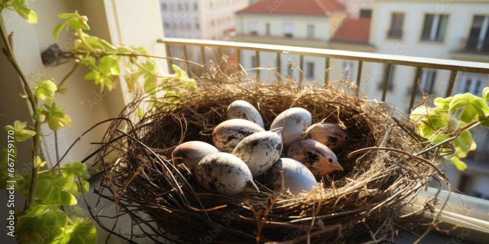 Poster A nest filled with eggs is delicately perched on top of a window sill. 