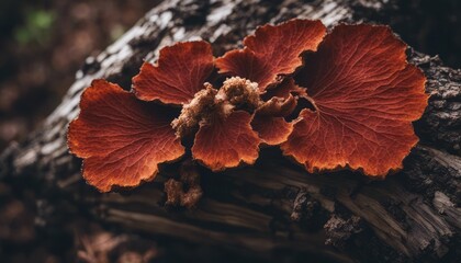 Top view healing chaga mushroom on old birch trunk close up. Red parasite mushroom growth on tree - obrazy, fototapety, plakaty