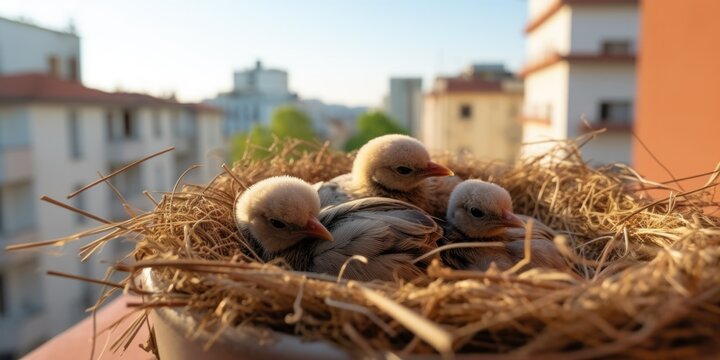 A group of baby birds sitting in a nest. Perfect for nature and wildlife illustrations or educational materials.
