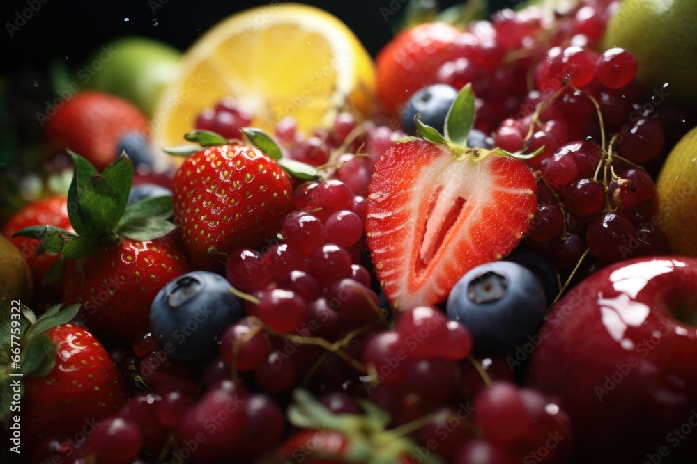 Poster a close up view of a bowl filled with a variety of fresh and colorful fruits. this image can be used