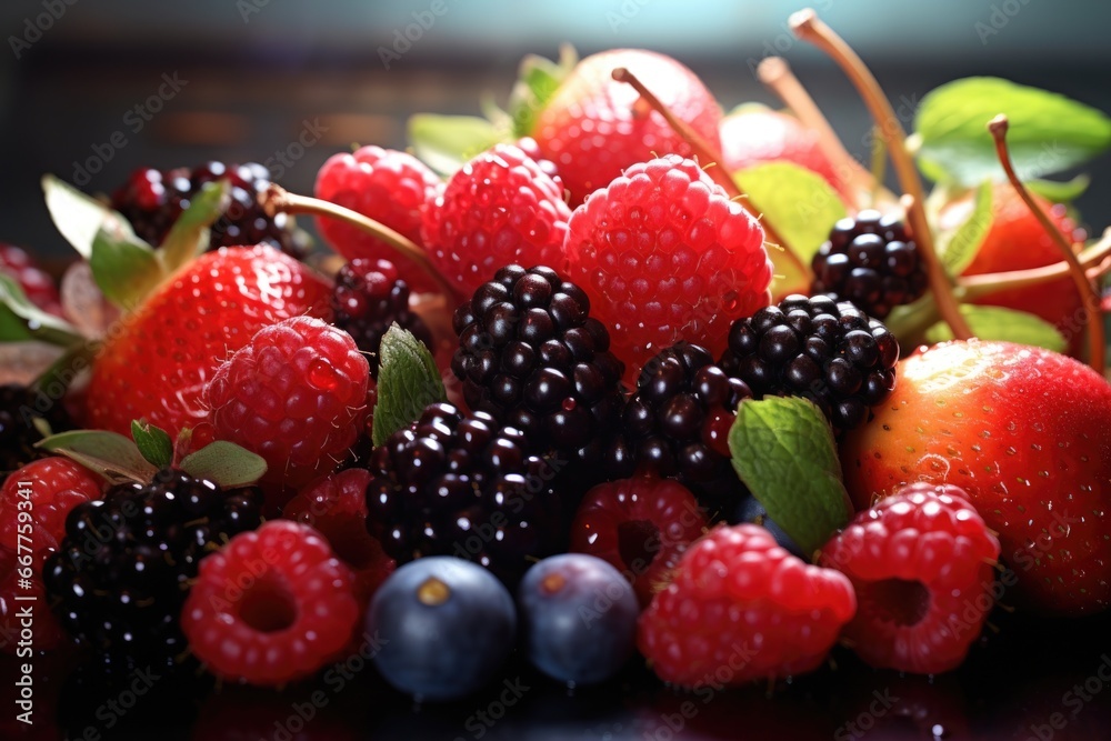 Poster A close-up view of a variety of berries arranged neatly on a table. This image can be used to depict healthy eating, summer fruits, or as a background for food-related content.