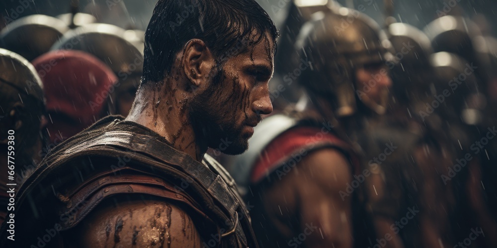 Poster A group of men standing in the rain. Suitable for weather-related articles or scenes depicting unity and determination.
