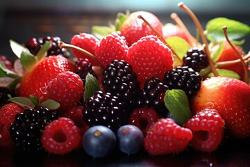 A close-up view of a variety of berries arranged neatly on a table. This image can be used to depict healthy eating, summer fruits, or as a background for food-related content.