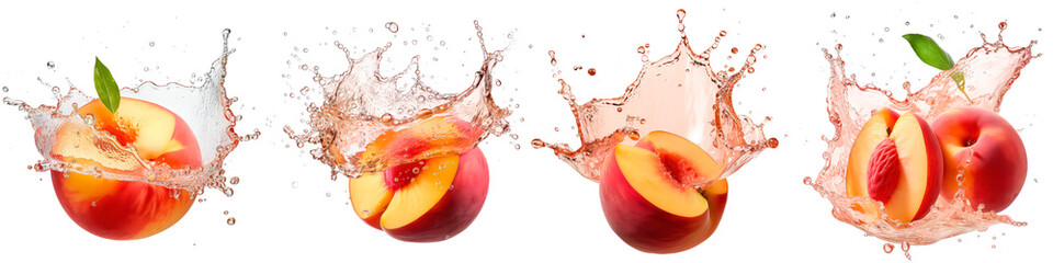 Collection of peaches with splashing water on white background - obrazy, fototapety, plakaty