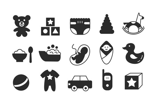 Newborn Baby Accessories, Goods Glyph Icons Set.