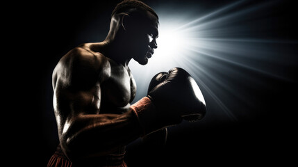 Determined Boxer Ready to Fight one a black background, 
portrait of a muscular man in profile, halo of light and white lens flare - obrazy, fototapety, plakaty