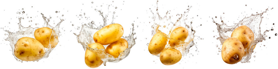 Collection of potatoes with splashing water on white background