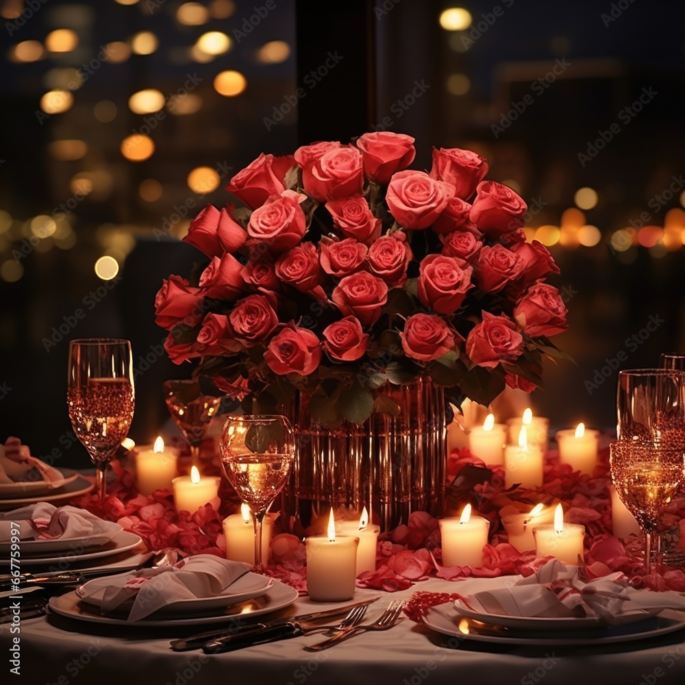 Poster a beautifully set table adorned with flickering candles and delicate roses. perfect for romantic occ