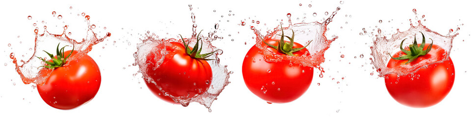 Collection of tomatoes with splashing water on white background - obrazy, fototapety, plakaty