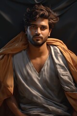 A man wearing a robe is seated on a chair. This image can be used to depict relaxation, comfort, or a cozy atmosphere.