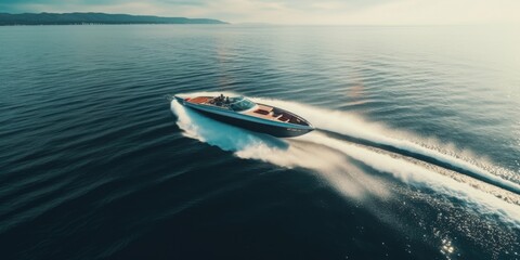 A high-speed boat races through the water on a sunny day. Perfect for showcasing the excitement of water sports and summer activities