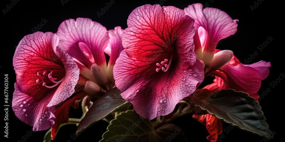 Aufkleber a close-up view of a pink flower against a black background. this image can be used for various purp
