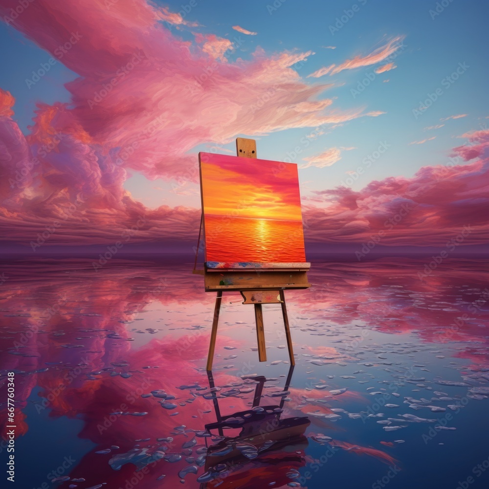 Poster A painting of a beautiful sunset displayed on an easel. Perfect for adding a touch of serenity and warmth to any space