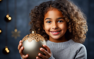 Naklejka premium A smiling child girl shows a christmas decorative ball in her hand