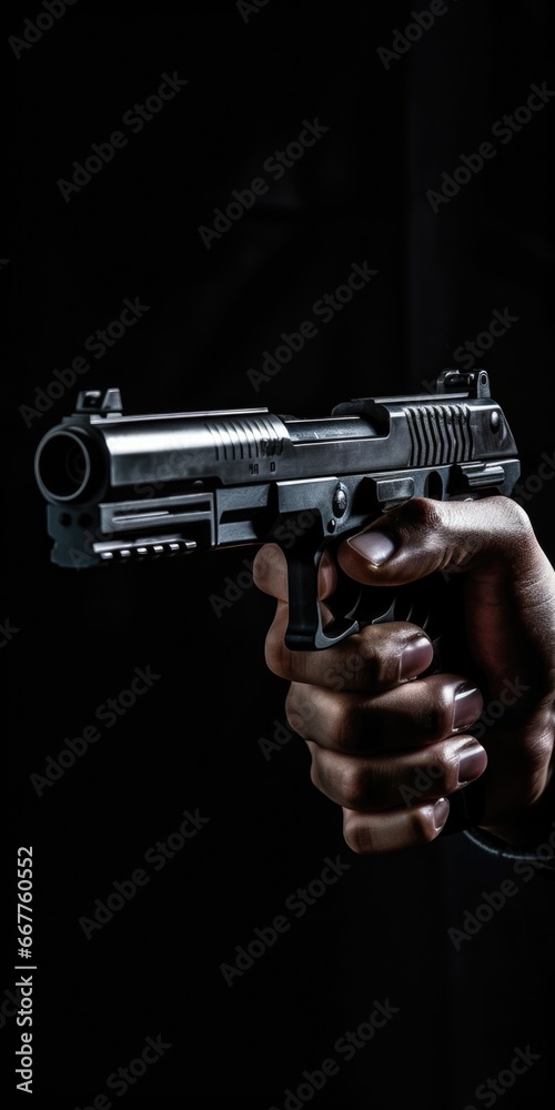 Poster a person holding a gun in their hand. this image can be used to depict various themes such as crime,