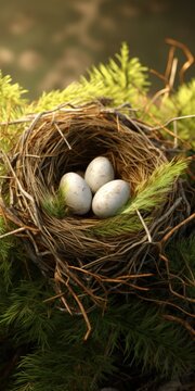 A picture of a bird nest with three eggs in it. This image can be used to depict the beauty of nature, new beginnings, and the nurturing instincts of birds