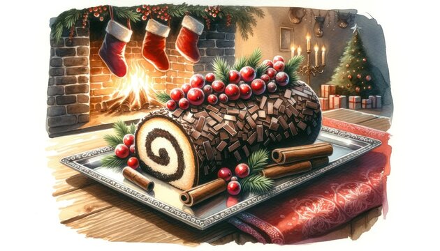 Traditional French bûche de Noël (Yule log cake) adorned with chocolate shavings and sugared cranberries on a silver platter with a cozy fireside and hanging stockings in the background.