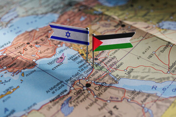 Israel and Palestine flags on geopolitical Map. Gaza strip and West Bank. War conflict