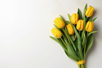 Yellow tulips on white background with flowers. Generative AI