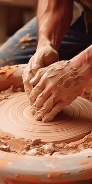 A person skillfully shaping a clay bowl on a potter's wheel. This versatile image can be used to represent creativity, craftsmanship, pottery making, and artistic process in various contexts
