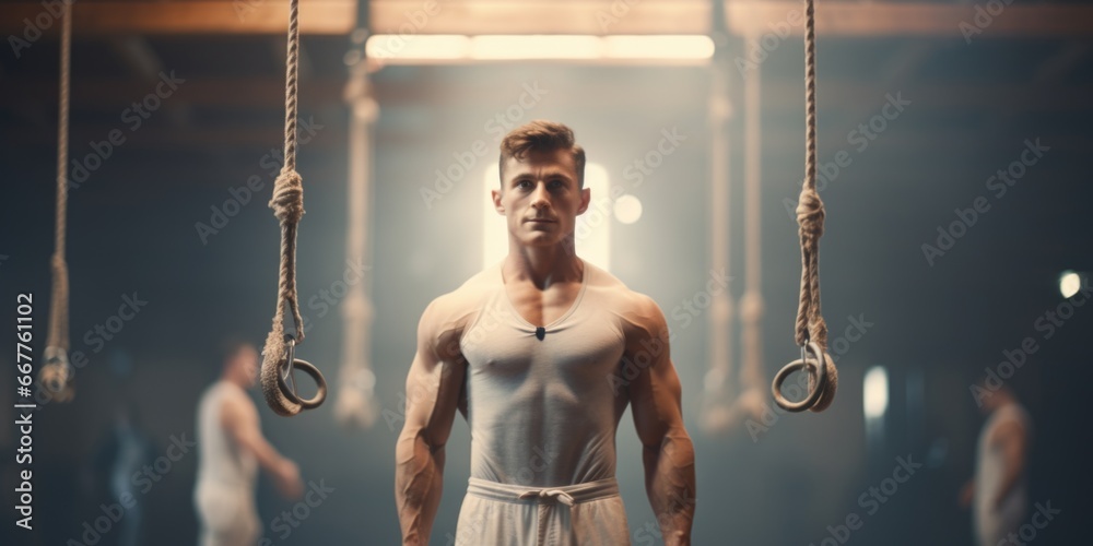 Poster a man stands in front of a collection of hanging rings. this image can be used to represent strength