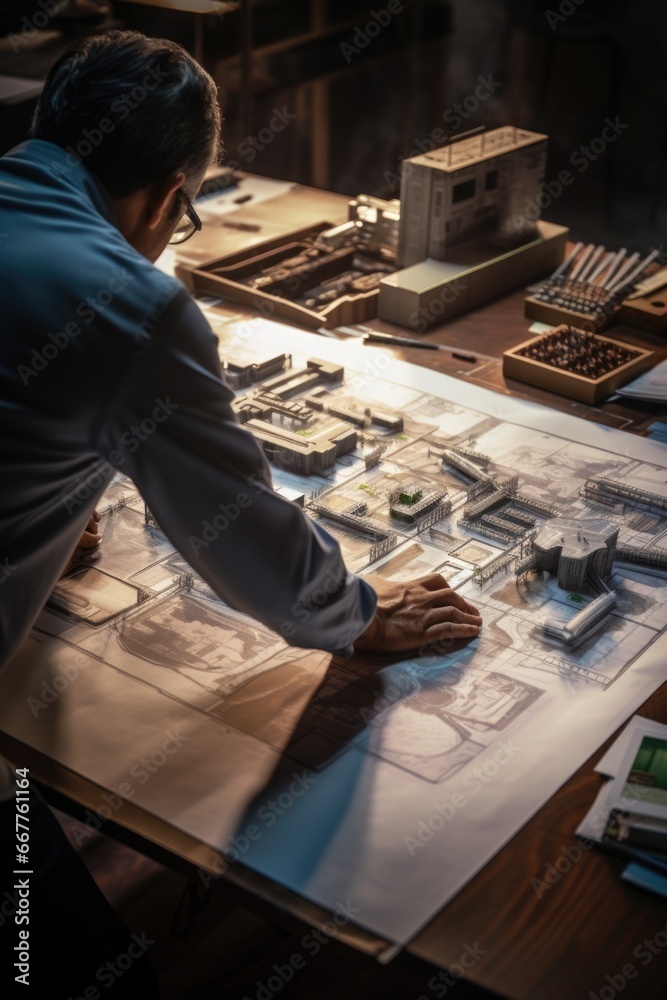 Poster a man is seated at a table, carefully studying a blueprint. this image can be used to represent plan
