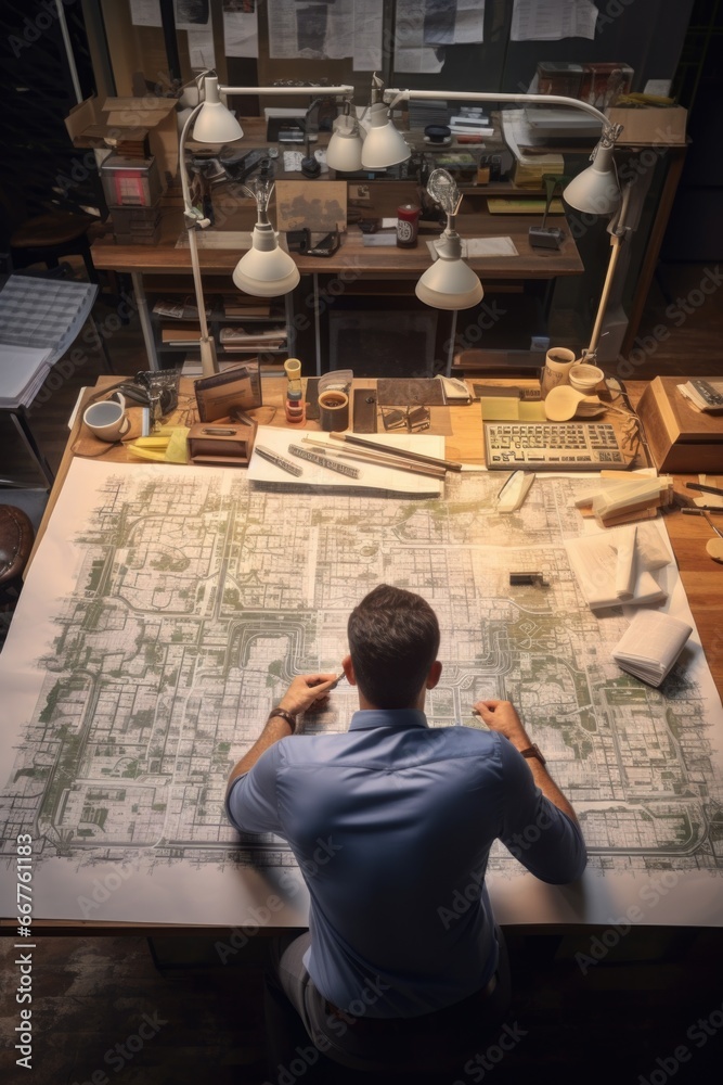 Poster A man is sitting at a table with a large map. This image can be used for travel planning, navigation, or exploring new places